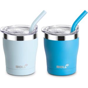Kids Tumbler with Straw 2 Pack 9 oz Skinny Tumbler Stainless Steel Double Wall Vacuum Insulated Cup with Spill Proof Lid, Sweat-Free (Baby Blue-Sky Blue)