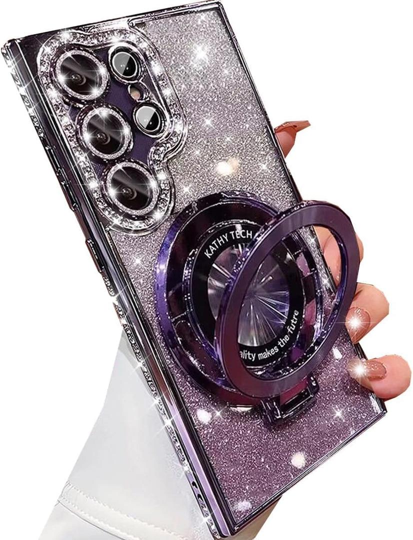 Changjia for Samsung Galaxy S26 Ultra Magnetic Kickstand Glitter Case,[Compatible with Magsafe] Cute Bling Sparkly Diamond Rhinestone with Camera Protector Women Girls Case for Galaxy S26 Ultra,Purple