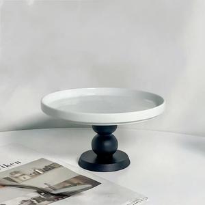 White Cake Stand Small Mini Cake Pedestal Plate Stand, 6 inch Vintage Ceramic Round Wood Pie Stand for Party Wedding, Candle Jewelry Decorative Tray (Black Wooden High-Foot)