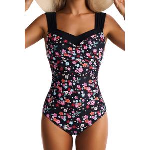 One Piece Swimsuit for Women Tummy Control Wide Straps Bathing Suits Full Coverage Swim Suit Color Block Swimwear (X-Large, Black Pink Floral)
