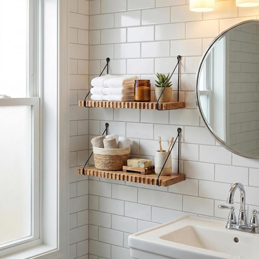 Hanging Shelves for Wall – Rustic Mango Wood Wall Shelves Set of 2 (15×6 in) | Floating Shelves for Bedroom, Bathroom, Kitchen & Living Room | Wall Shelf for Books, Plants & Bathroom Decor
