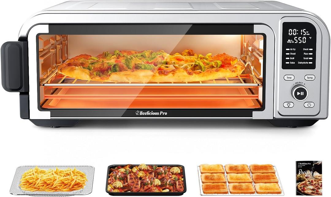 Beelicous Pro 19QT Digital 8-in-1 Air Fryer Toaster Oven, 550F Flavor-Lock Tech, Flip Up & Away Capability, 40+ Recipes, Airfryer Countertop Oven Combo, 4 Accessories, Fit 13" Pizza,