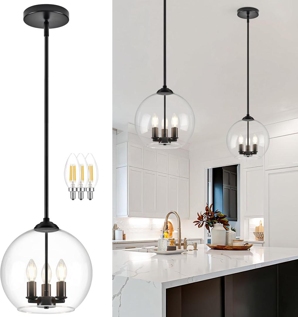 12" Globe Pendant Lights Kitchen Island Glass Globe Pendant Light Fixture Bedroom Mid Century Modern Pendant Lighting Black Pendant Light for Kitchen Island Dinning Room (Bulb Incl.), 1-Pack