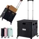 Folding Utility Cart Portable Rolling Crate Handcart Shopping Trolley Collapsible Tool Box, with Lid, Basket on 4 Rotate Wheels, for Grocery, Office, Luggage, Teacher (Black)