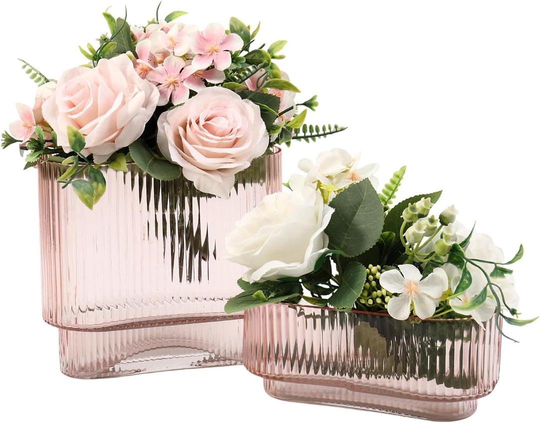YANWE1 Short Glass Vases, Set of 2 Pink Glass Vases for Tulips, Ribbed Vase for Flowers, Modern Small Vase for Living Room, Dining Room, Bathroom, Desk, Shelf, Wedding, Office
