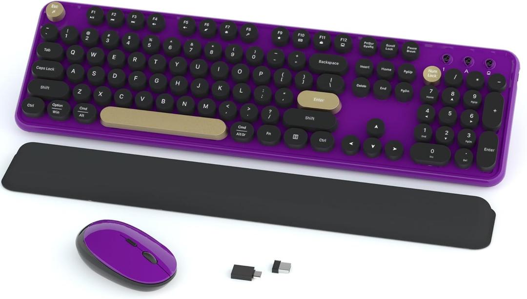 Wireless Keyboard and Mouse Combos, Retro Keyboard and Mouse Wireless Full Size, 2.4Ghz Connection and Optical Mouse for Windows, Mac, PC, Laptop for Home and Office (Purple-Black)
