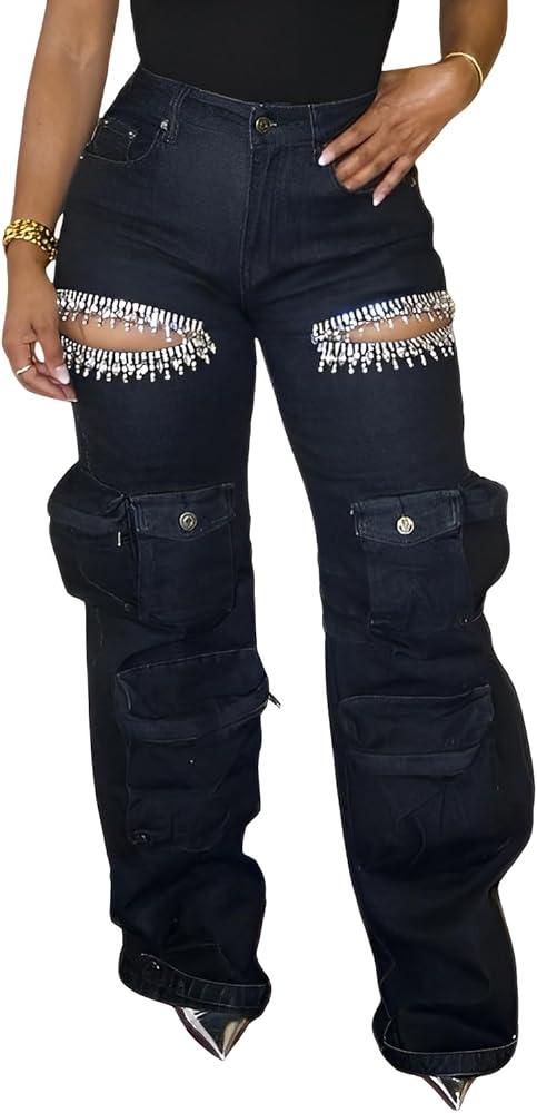 Ryehack Women's Rhinestone Cargo Jeans High Waisted Wide Leg Ripped Baggy Distressed Sparkly Y2K Denim Pants Black M
