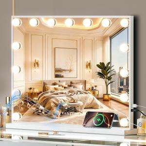 VANITII Vanity Hollywood Mirror with Lights Speaker USB Charging Lighted Makeup Mirror with Bulbs 3 Lighting Modes and Desktop Light up Mirror for Bedroom Dressing Room (18.1"L x 22.8"W)