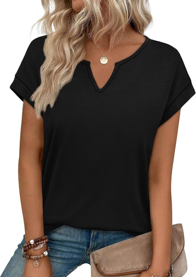 WIHOLL Womens Summer Tops 2026 Cap Short Sleeve Shirts V Neck Tshirts Spring Blouses Beach Vacation Clothes (Black, M)