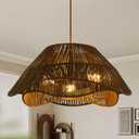 Rattan Pendant Light Fixture Ceiling, 19.68Hand Woven Wicker Chandelier, Rustic 3-Light Large Hanging Lamp, Adjustable Boho Flush Mount Hanging Light for Dining Room Kitchen Living Room (Antique)