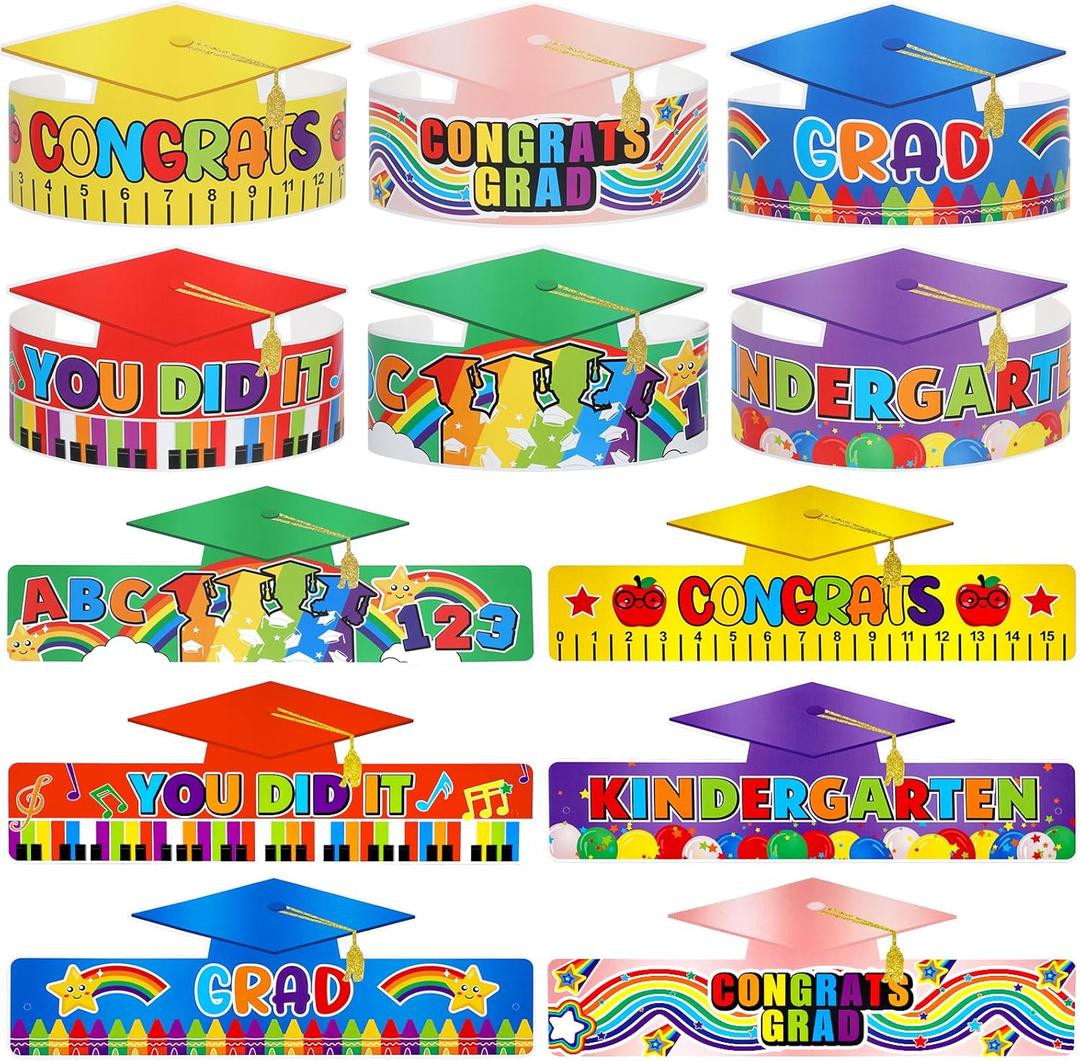 24 Pcs Kindergarten Grad Hats Preschool Graduation Paper Caps Class of 2025 Congrats Grad Crowns for Kids Kindergarten, Graduation Favors and Party Colorful Photo Props