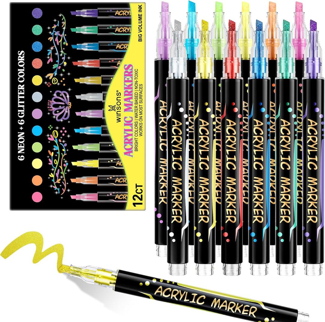 2 x 12 Colors Acrylic Paint Markers, 6 Glitter & 6 Neon Fluorescent Pens, Innovative Light-Valve Tech for Instant Flow, Fine Chisel Tip Paint Pens for Journaling, Rock Painting, Cards & DIY Projects