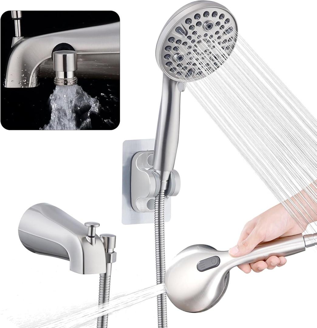 All Metal Bathtub Faucet with Sprayer 10 Settings, Fit for 1/2 inch or 3/4 inch Thread Pipe, 1/2 inch Slip on Pipe,Tub Spout with Diverter Brushed Nickel