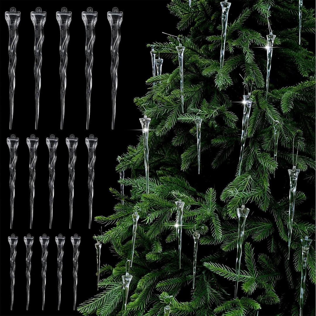 Pinkunn 15 Pcs Clear Icicle Christmas Tree Ornaments 3 Sizes Twisted Clear Icicle Drop Ornaments Xmas Acrylic Crystal Pendant Hanging for Christmas Tree Winter New Year Holiday Decorations