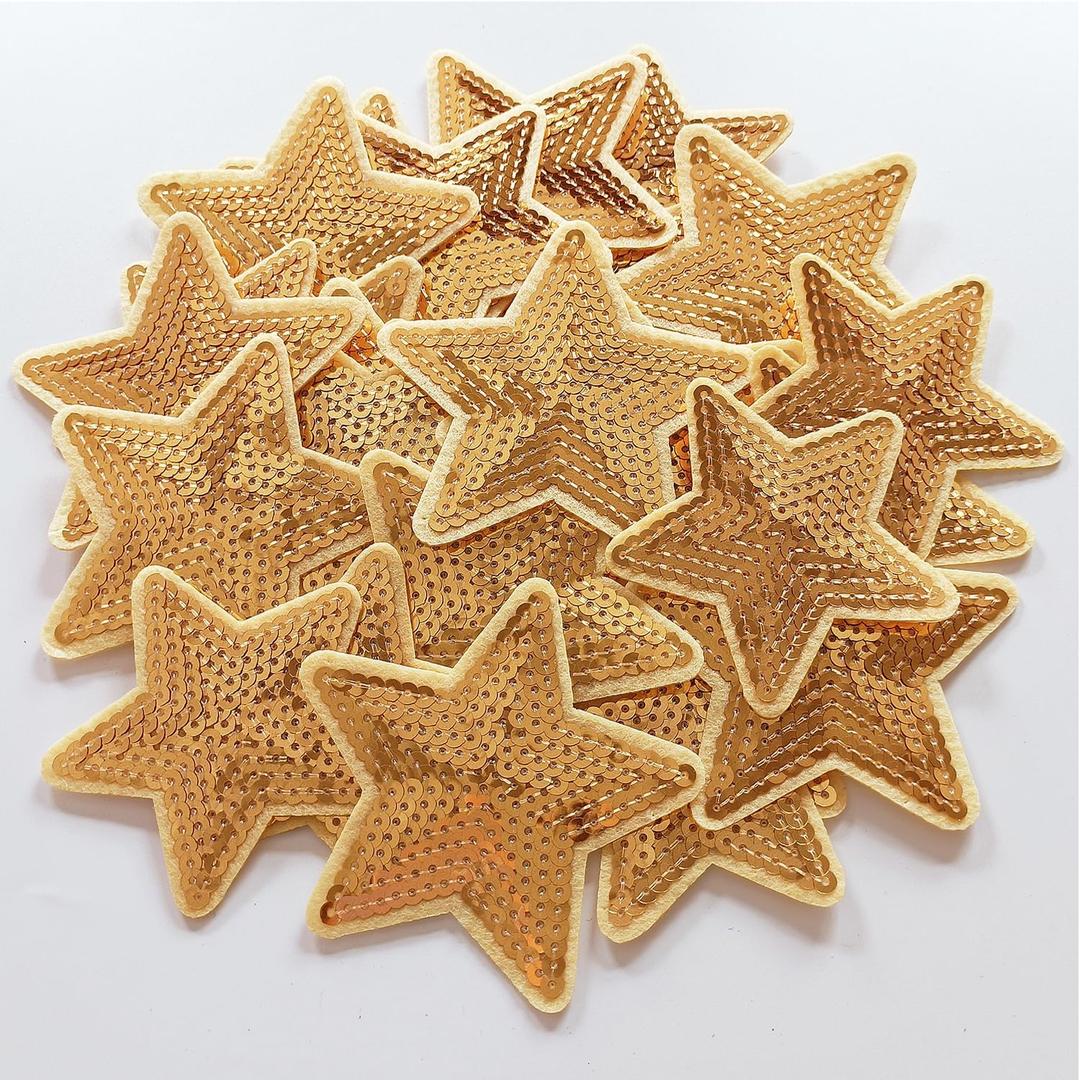 28Pcs Sequin Star Iron on Patches 2 Sizes Embroidery Star Patches for Clothing Bags Jackets Jeans Hats Accessory Craft Christmas Decoration Gold
