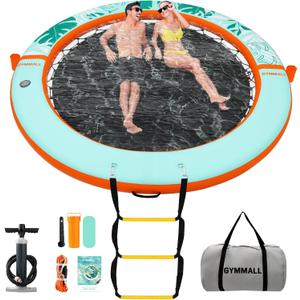 GYMMALL Inflatable Water Hammock Floating Dock 8 FT with Mesh, Tanning Pool Raft Round Ring for Adults, Float Platform for Lake and Beach with Water Ladder and Cup Holders - Orange Green