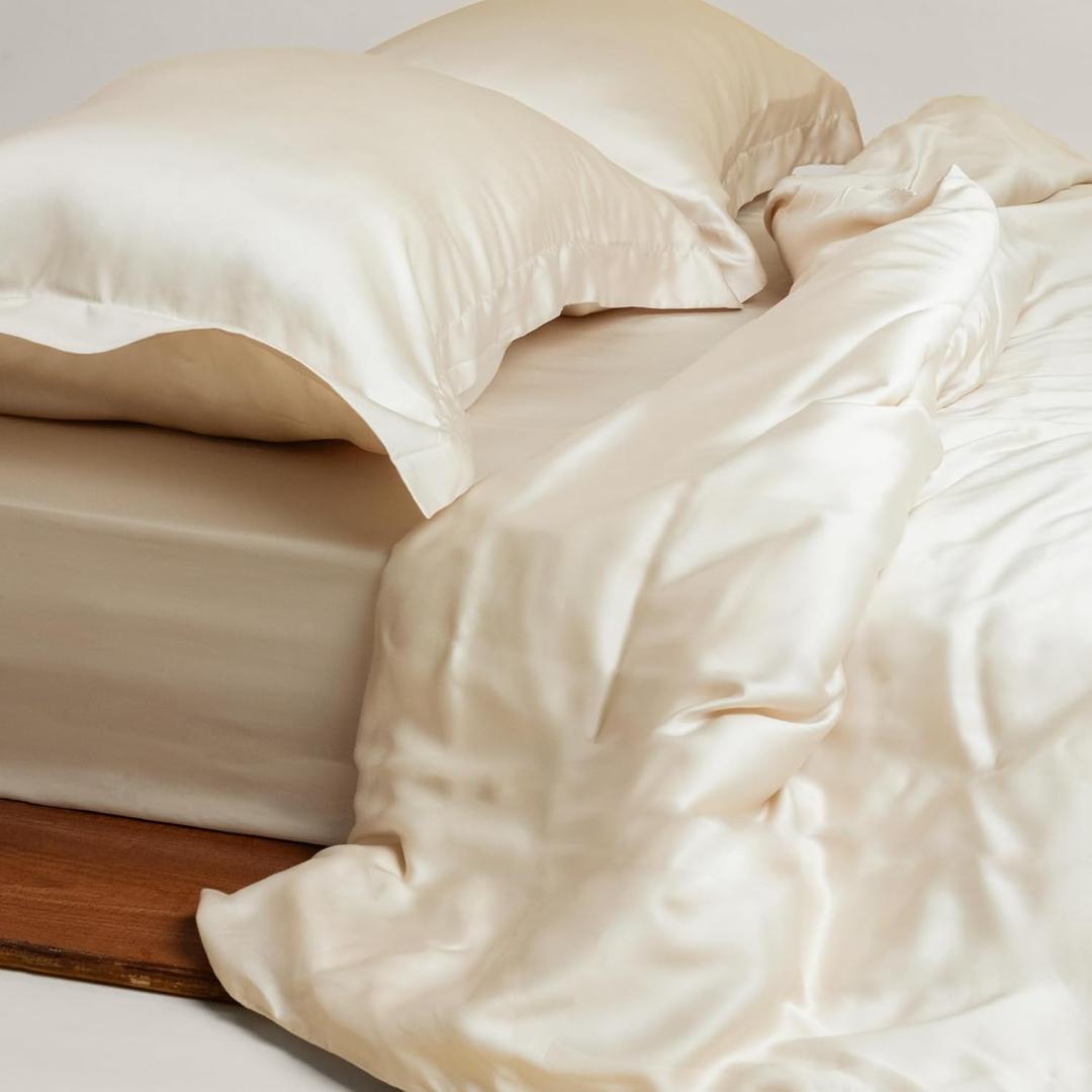100% Austrian Eucalyptus Tencel Duvet Cover Queen, Luxury Cooling Comforter Cover Set 8 Corner Loops,1 Oversized Hotel Duvet Cover,2 Shams,Silky Soft,Lightweight (Pearled Ivory, 3PC Queen)