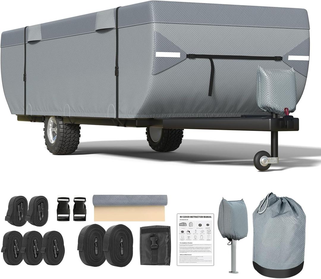 Mofeez Pop Up Camper Cover 16-18ft, 7 Layers Top Extra-Thick pop up Trailer Cover, Waterproof, Windproof, Anti-UV, Rip-Stop Folding Camper Cover with 3+2 Windproof Straps, Storage Bag