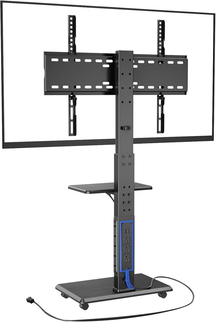 Afaloona Rolling TV Stand with Power Outlet, Mobile TV Cart for 32-75 Inch TVs up to 110 lbs, 18 Adjustable Heights, Max VESA 600x400mm, TV Floor Stand with Swivel Mount/Shelf/Wheels, Fits for Bedroom