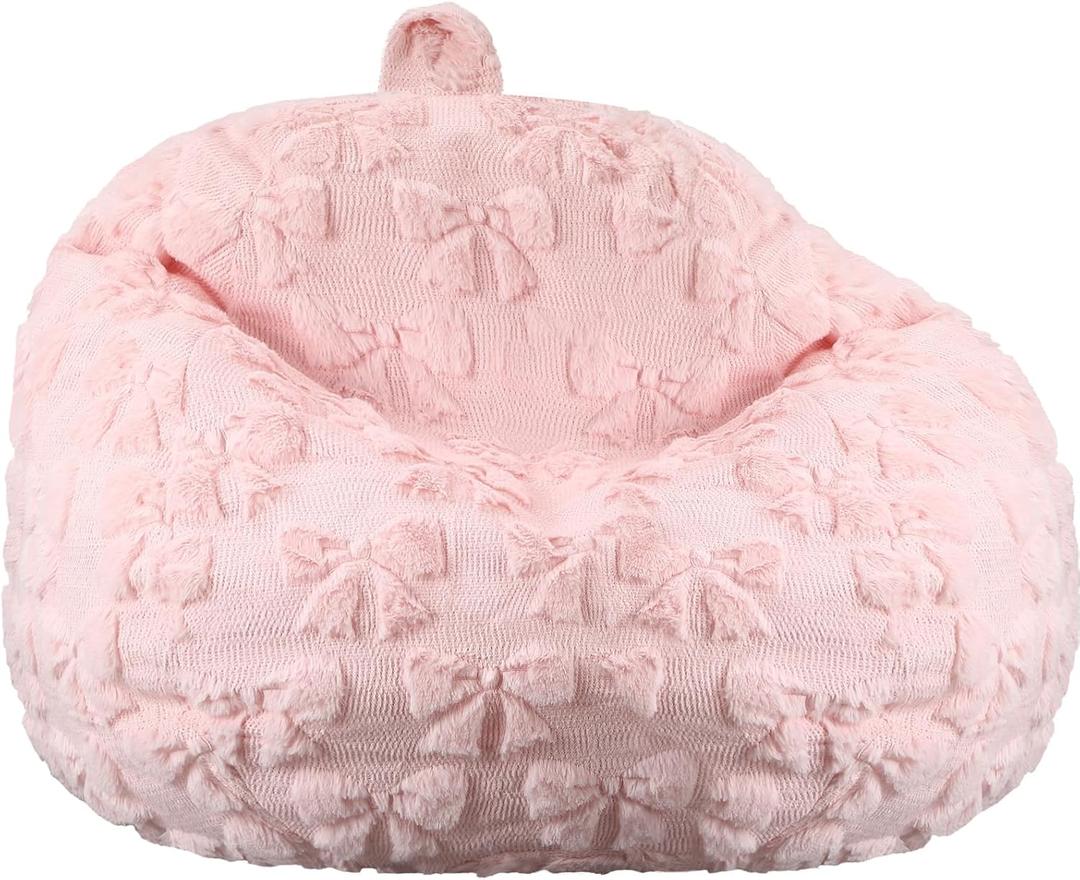 Pink Bow Stuffed Animal Storage Bean Bag Chair Cover (No Filler) Fluffy Fuzzy Plush Bean Bag Chair for Teens Adults Soft Faux Cover for Organizing Plush Toys Clothes Home Supplies (32 x 32 Inch)
