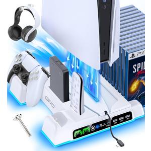 PS5/Slim/Pro Stand and Cooling Station with LED Controller Charging Station for PlayStation 5 Console, Controller Charger, Cooling Stand, PS5/Slim/Pro Accessories Kit with 3 Level Cooler Fan (All White)