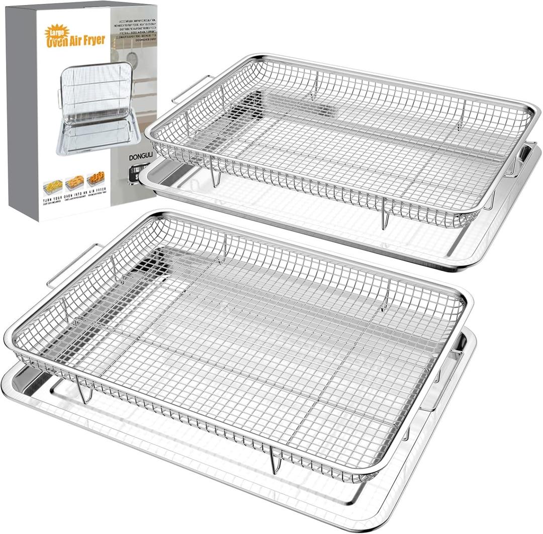 DONGULI Air Fryer Basket Oven - 2 Set Large Air Fryer Basket and Tray Stainless Steel Oven Air Fryer Rack Pan Accessories for Baking 15.7"x11.8"