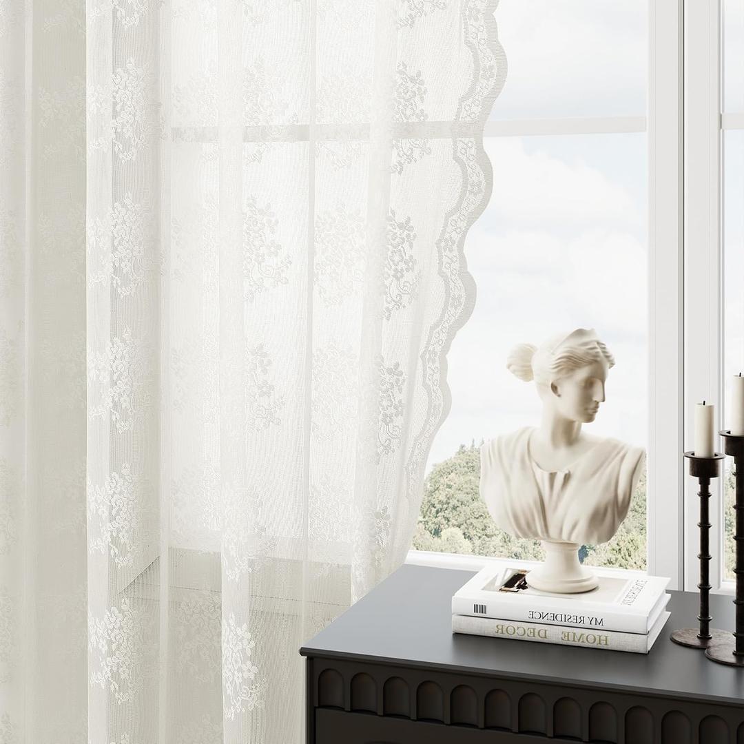 Ivory Lace Curtains 84 Inches Long 2 Panels Vintage Lace Voile Sheer Floral Curtain Decorative Cream Flower Pattern Rod Pocket Privacy Off White Drapes with Scalloped Edges for Living Room 52x84