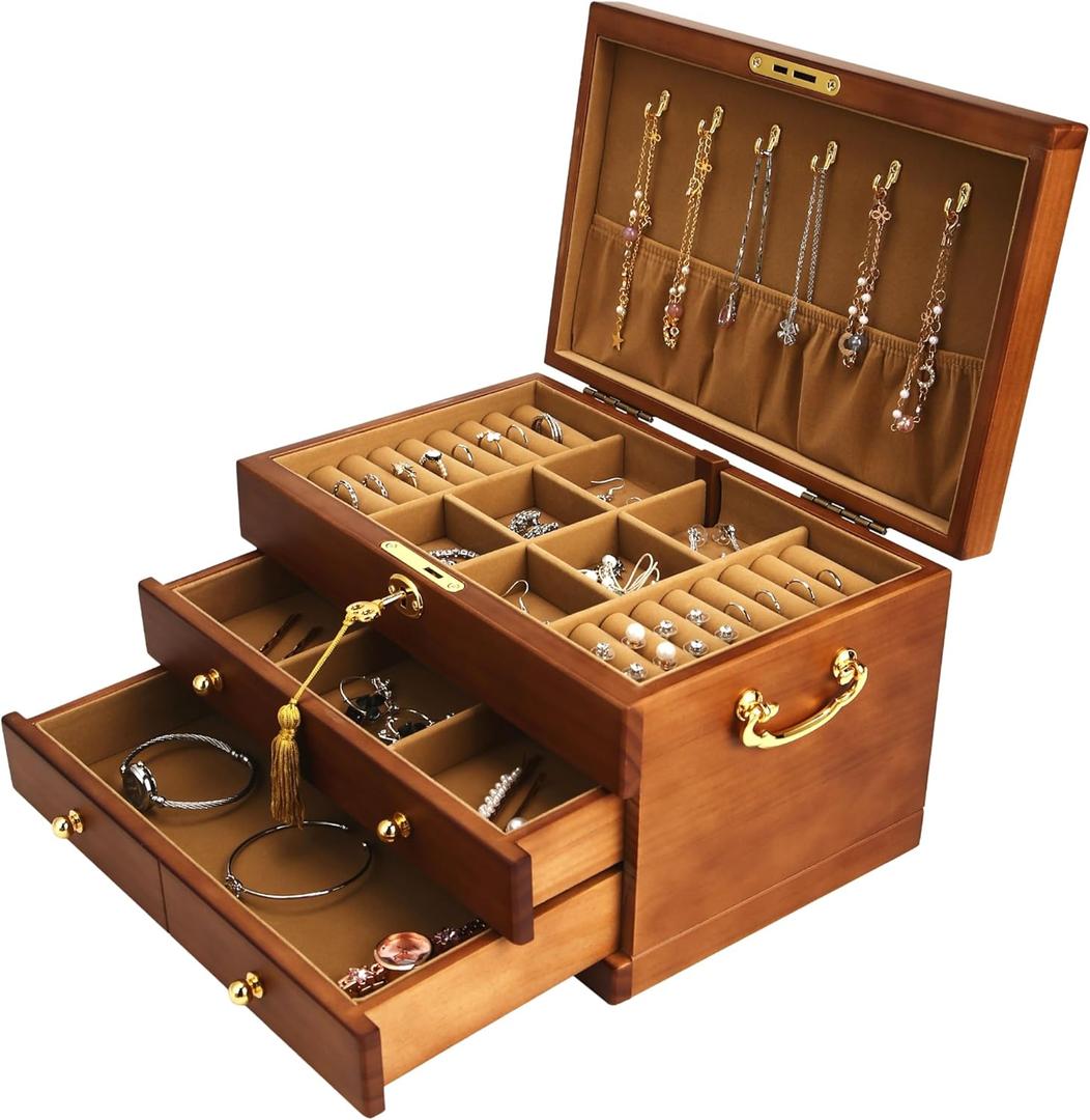 Wooden Jewelry Box with Lock and Key for Women, 2 Drawers Medium Size Real Natural Wood Lockable Antique Organizer with Large Storage, Ring Compartments, Built in Necklace Hooks (Brown)