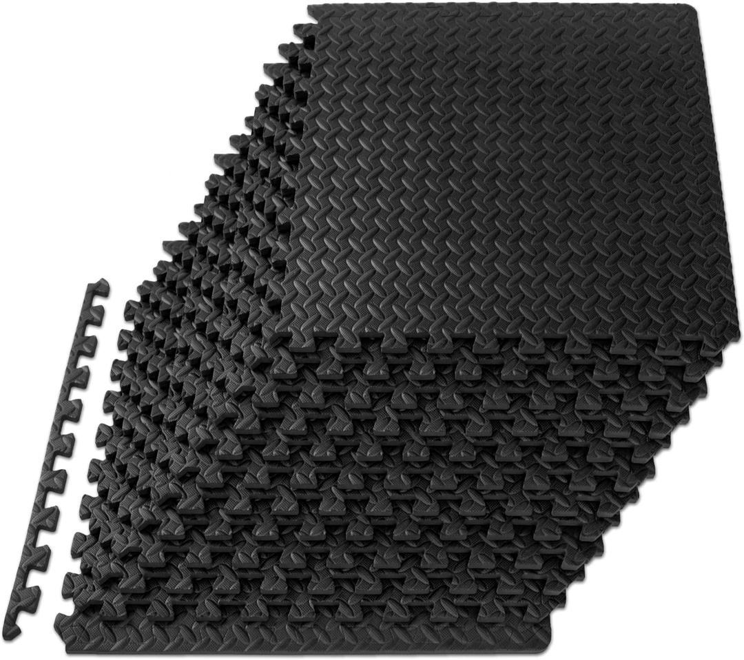ProsourceFit Puzzle Exercise Mat  in, EVA Interlocking Foam Floor Tiles for Home Gym, Mat for Home Workout Equipment, Floor Padding for Kids, Black, 24 in x 24 in x  in, 48 Sq Ft - 12 Tiles