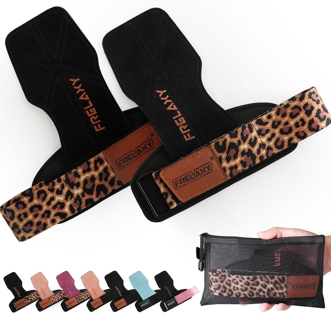 Frelaxy Lifting Wrist Straps Women and Men, Weight Lifting Grips with Cushion Wrist Loop, Double Layer Leather and Storage Pouch, Gym Workout Straps for Deadlift and Powerlifting (Black/Leopard)