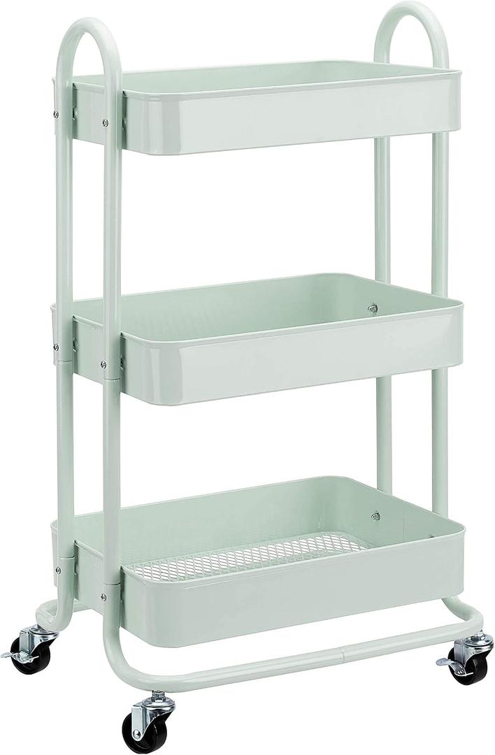 Amazon Basics 3-Tier Metal Rolling Utility Cart, Storage Organizer, Multi-Functional Kitchen Island Cart, Portable Shelving Unit with Caster Wheels, Mint Green