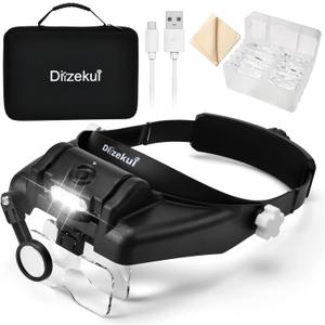 Magnifying Glass with Light 1X to 14X, Rechargeable Magnifying Glasses, Head Mount Manifying Glass, Headset Magnifier with Detachable Lens, Headband Magnifier for Close Work Jewelers Crafts