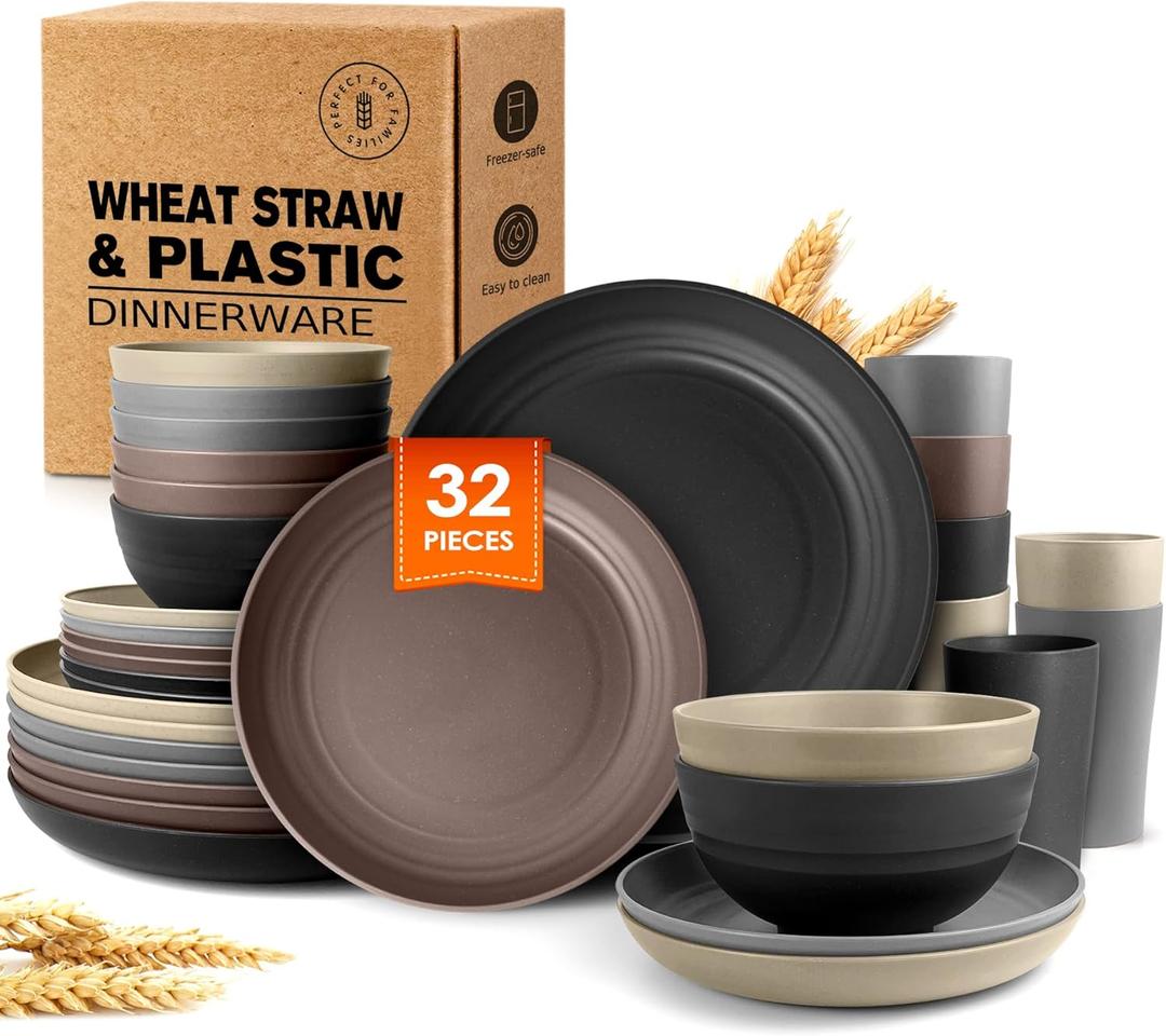 Teivio 32-Piece Kitchen Plastic Wheat Straw Dinnerware Set,Service for 8,Unbreakable Plates, Bowls and Cups Set,Farmhouse Outdoor Camping Dishes for Rustic Life/Country/Vintage,Aesthetic Multicolor