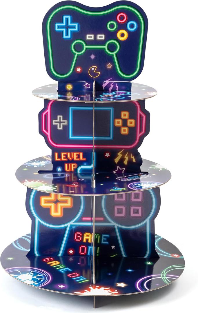 Neon Video Game Cupcake Stand - 3-Tier Glow Video Game Round Cake Stand Cupcake Tower, Gaming Themed Cardboard Dessert Holder Party Decorations for Kids Boys Birthday Party Supplies