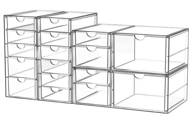 Acrylic Makeup Organizer with 17 Drawers, 4 Pack Clear Storage Drawers, Bathroom Makeup Organizer for Palettes, Cosmetic, and Beauty Supplies, Ideal for Vanity, Cabinet, Desk Organization