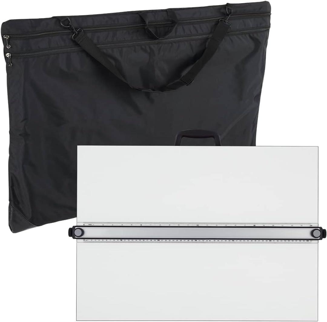 PXB 24” x 36” Drawing Board & Travel Bag for Artists & Designers - Portable Workspace for Drawing, Sketching, Drafting, Painting - Fixed Angled Laminated Surface w/Ruler & Parallel Motion Bar
