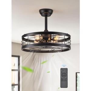 LEDIARY 20 inch Fandelier Caged Ceiling Fan with Light, Bladeless Ceiling Fan with Remote, Farmhouse Fan Lights Ceiling Fixtures for Kitchen, Bedroom, Outdoor(6 Speed, Timing)-Black