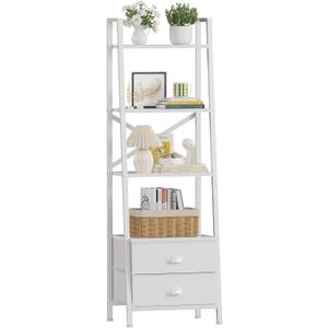 Furologee 4-Tier Ladder Shelf,Small Bookshelf with 2 Drawers,Vertical Bookcase Storage Rack Organizer,Display Bookshelves for Living Room,Bedroom,Bathroom,Home Office,Kitchen,White