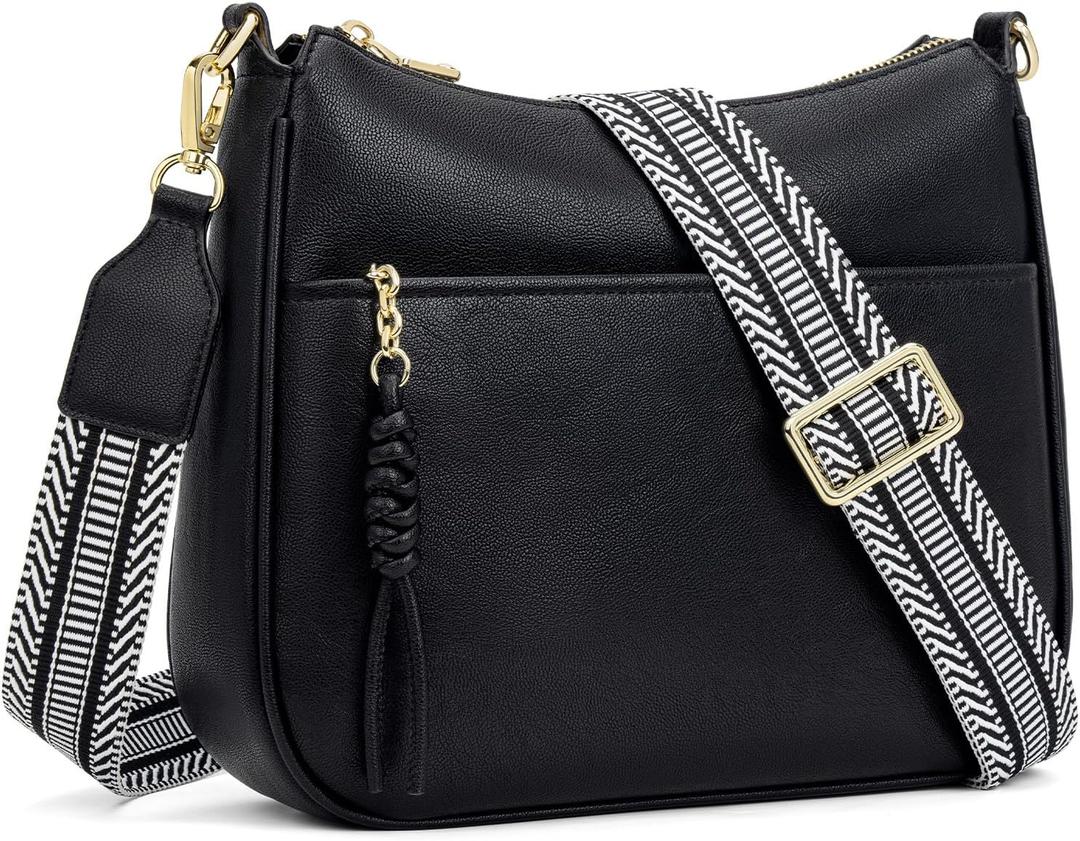 Peacocktion Crossbody Purses for Women Trendy Designer Vegan Leather Hobo Bags with Wide Shoulder Strap (Black)