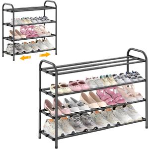 Hleelomi 4-Tier Metal Expandable Shoe Rack for Closet and Entryway, Black, 9.44"D x 30.7"W x 22.83"H