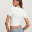 CSDAJIO Women's Short Sleeve Deep V Neck Lace Top Ruhced Front Low Cut T Shirt Fitted Cropped Tee (XS)