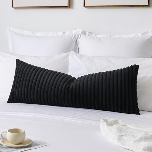 Kevin Textile Soft Plush 14x36 Inch Long Lumbar Pillow Cover 1 Pack, Luxury Fluffy Faux Fur Striped Flannel Rectangle Body Cushion Case for Couch Sofa Chair Bed Home Decor, Black