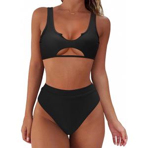 SUUKSESS Women Cutout Bikini Sets Push Up High Waisted Swimsuits 2 Piece (L 6-8, Black)