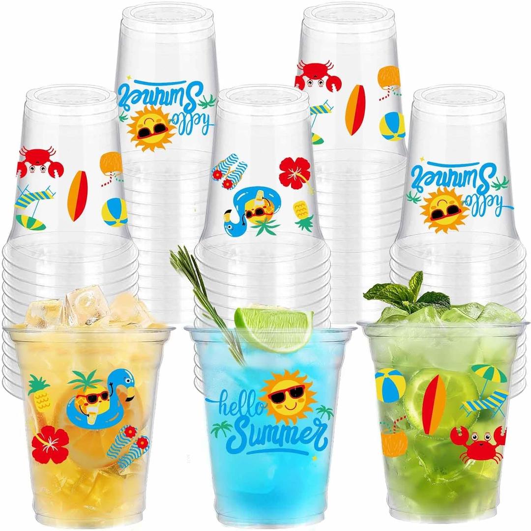 VDESFUEBY 50 Summer Pool Party Cups, 12 oz Hello Summer Party Decorations Disposable Clear Plastic Party Cups for Beach Ball Hawaiian Luau Holiday Party Drinkware Beverage Ice Cream