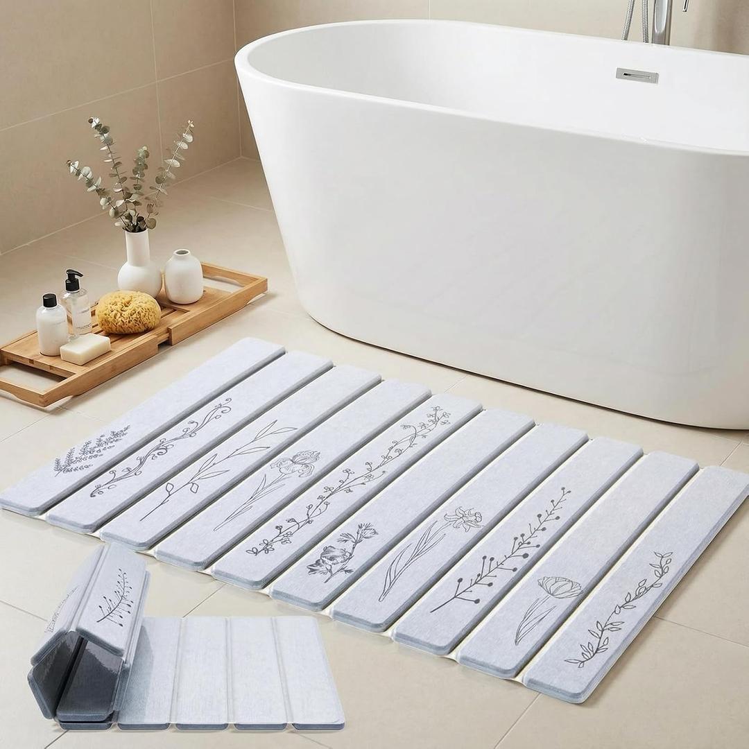 Large Stone Bath Mat - 32x20 Inch, Super Absorbent Diatomite Earth Extra Large Bath Mats for Bathroom, Quick Dry Non-Slip Foldable Stone Drying Mats for Kitchen & Bathtub (Light Gray Floral Decor)