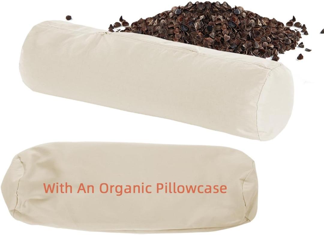 USlixury Buckwheat Bolster Pillow - Adjustable 17"X4", Neck Roll for Firm Support, Cooling Cylinder Pillows for Side, Back Sleepers, with an Extra Organic Pillowcase