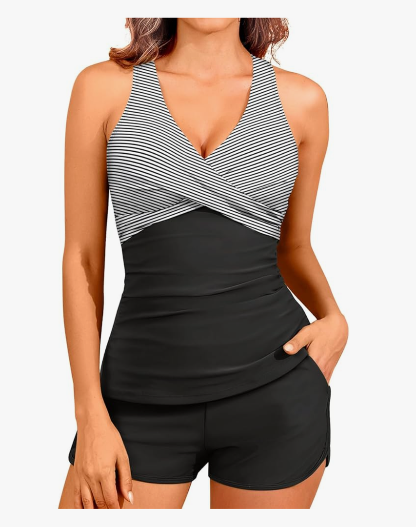 Women Tankini Swimsuits with Shorts - Two Piece Tummy Control Bathing Suits Top with Two Pockets Bottom Swimwear, size -XXL