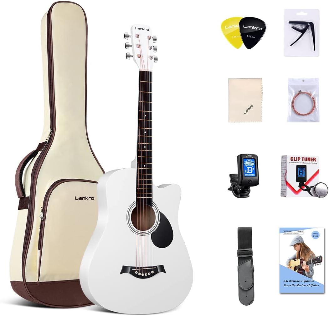 38 inch Beginner Guitar White Acoustic Guitar Beginner kit Adult Cutaway Acoustic Guitar Guitarras Starter Set Bundle with Padded Gig Bag, Strap, Capo, Strings, Picks