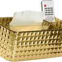 Gold Tissue Box Cover, Tissue Holders Decorative, Rhombus Texture Tissue Box Cover Holder with Remote Control Box Tissue Box Holder Rectangular Tissue Holder for Bathroom/Dresser