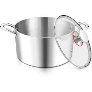 E-far 4 Quart Stock Pot, Tri-Ply Stainless Steel Cooking Pot with Glass Lid and Riveted Handles, Metal Pasta Soup Pot for Induction Ceramic Electric Gas Stoves, Heavy Duty & Dishwasher Safe